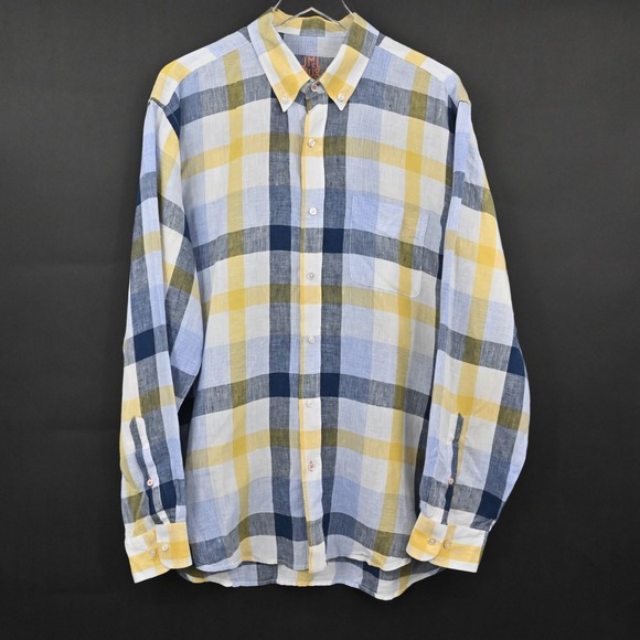 J McLaughlin Mens Plaid Collared Shirt Size XL Linen Blue Yellow Button Down - Picture 1 of 12